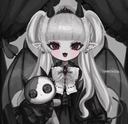 Rule 34 | 1girl, bat wings, black dress, black horns, black wings, blunt bangs, brooch, commission, curtains, demon girl, demon horns, demon tail, demon wings, dress, ear piercing, fang, grey hair, highres, holding, holding stuffed toy, horns, jewelry, long hair, looking at viewer, neck ribbon, open mouth, original, piercing, pointy ears, red eyes, ribbon, shiona (siona0625), smile, solo, straight-on, stuffed toy, tail, two side up, upper body, watermark, wings