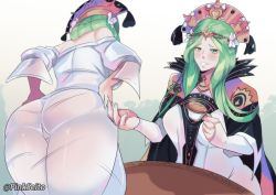 Rule 34 | 1girl, ass, bare shoulders, blush, breasts, cape, dress, female focus, fire emblem, fire emblem: three houses, flower, from behind, from below, green eyes, green hair, hair flower, hair ornament, hands on own hips, huge ass, large breasts, long hair, looking at viewer, matching hair/eyes, multiple views, nintendo, off-shoulder dress, off shoulder, orphen (pink seito), pantylines, parted lips, rhea (fire emblem), see-through, skin tight, smile, twitter username
