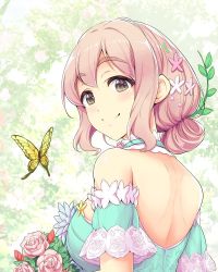 1girl armband bouquet bug butterfly dress flower hair_bun hair_flower hair_ornament holding holding_bouquet idolmaster idolmaster_cinderella_girls insect looking_at_viewer looking_back pink_hair saionji_kotoka shoulder_blades single_hair_bun solo strapless strapless_dress thick_eyebrows toshio_093 upper_body yellow_butterfly