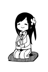 Rule 34 | 1girl, black hair, blazer, closed mouth, collared shirt, commentary request, cup, cushion, facing viewer, flower, greyscale, hair flower, hair ornament, high contrast, highres, hitori bocchi, hitoribocchi no marumaru seikatsu, holding, holding cup, jacket, katsuwo (cr66g), long hair, monochrome, pleated skirt, school uniform, seiza, shirt, shoes, simple background, sitting, skirt, smile, solo, steam, white background, yunomi, zabuton