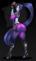 Rule 34 | 1girl, armor, armored boots, ass, back, black footwear, black gloves, bodysuit, boots, breasts, colored skin, from behind, full body, gauntlets, gloves, helmet, highres, huge ass, large breasts, lips, long hair, looking at viewer, looking back, overwatch, overwatch 1, ponytail, purple hair, purple lips, purple skin, skin tights, standing, thigh strap, thighs, very long hair, widowmaker (overwatch), xiii