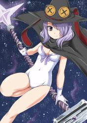 Rule 34 | 1girl, cape, gloves, hair over one eye, hat, highres, holding, houkago no pleiades, long hair, nanako (houkago no pleiades), one-piece swimsuit, purple eyes, purple hair, solo, staff, swimsuit, wan&#039;yan aguda, white gloves, white one-piece swimsuit, witch hat
