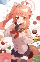 Rule 34 | + +, 1girl, ahoge, blue archive, blue sailor collar, blue skirt, blue thighhighs, blush, cake, cake slice, cardigan, checkerboard cookie, cookie, cowboy shot, dessert, doughnut, food, food-themed background, halo, holding, holding cookie, holding food, long sleeves, looking at viewer, macaron, natsu (blue archive), neckerchief, parted lips, pink hair, red eyes, red neckerchief, rimukoro, sailor collar, side ponytail, skirt, solo, swiss roll, thighhighs, triangle mouth, white cardigan
