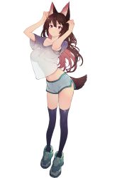 Rule 34 | 1girl, :&lt;, absurdres, alternate costume, animal ears, breasts, brown hair, casual, contemporary, dolphin shorts, full body, grey shirt, hair between eyes, highres, imaizumi kagerou, long hair, looking at viewer, medium breasts, onion (onion and pi-natto), red eyes, see-through, shirt, shoes, short sleeves, shorts, simple background, solo, standing, tail, thighhighs, touhou, white background, wolf ears, wolf tail