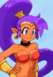 absurdres artist_request bikini bikini_top_only bracelet breasts choker collarbone dark-skinned_female dark_skin earrings gold_bracelet gold_earrings gold_tiara hand_on_own_hip high_ponytail highres jewelry lips long_hair navel pointy_ears ponytail purple_hair shantae shantae_(series) swimsuit tiara