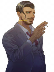 Rule 34 | 1boy, artist name, bad id, bad pixiv id, black hair, business suit, buttons, cigarette, collared shirt, commentary request, creatures (company), dark-skinned male, dark skin, facial hair, formal, game freak, green eyes, grey jacket, grey vest, hand up, highres, holding, holding cigarette, jacket, male focus, necktie, nintendo, pokemon, pokemon swsh, red necktie, rose (pokemon), shirt, short hair, simple background, solo, suit, vest, waiwai mura, watermark, white background, white shirt