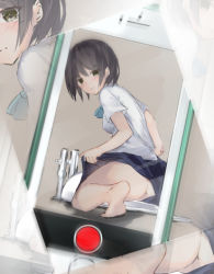 Rule 34 | 1girl, ass, barefoot, bathroom, black hair, blue neckwear, blue skirt, blush, bow, bowtie, breasts, cellphone, clothes lift, from behind, large breasts, looking at viewer, looking back, lowres, no panties, phone, rakkuma, school uniform, shirt, short hair, short sleeves, skirt, skirt lift, smartphone, squat toilet, squatting, toilet, white shirt, yellow eyes