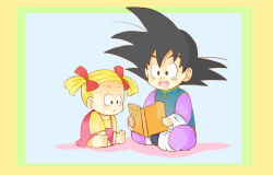 Rule 34 | 1boy, 1girl, :d, age difference, bad id, bad pixiv id, black eyes, black hair, blonde hair, blue background, book, child, chinese clothes, dragon ball, dragonball z, dress, expressionless, happy, marron (dragon ball), namizou, open mouth, pink dress, shadow, shirt, simple background, smile, son goten, spiked hair, twintails, yellow shirt