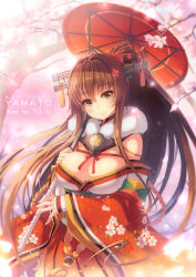 Rule 34 | 10s, 1girl, bare shoulders, breasts, brown hair, character name, cherry blossoms, cleavage, cowboy shot, detached collar, detached sleeves, floral print, fur trim, glowing, hair between eyes, headgear, highres, japanese clothes, kantai collection, kimono, large breasts, long hair, outdoors, parasol, plant, ponytail, smile, solo, sunlight, tassel, tel-o, tree, umbrella, very long hair, yamato (kancolle), yellow eyes
