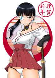 Rule 34 | 1girl, absurdres, black eyes, black hair, blunt bangs, breasts, closed mouth, commentary, cowboy shot, detached collar, egasumi, elbow gloves, eyepatch, gloves, hakama, hakama short skirt, hakama skirt, half gloves, hand on own hip, happy new year, highres, japanese clothes, katana, long hair, looking at viewer, medium breasts, microskirt, new year, off shoulder, oryou gunsou, panties, red skirt, sakamoto mio, sarashi, shadow, shirt, skirt, smile, solo, standing, strike witches, sword, translated, underwear, weapon, white panties, white shirt, world witches series