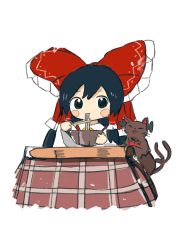 Rule 34 | 1girl, animal ears, black bow, black cat, black hair, blush, bow, bowl, cat, cat ears, chabudai (table), chopsticks, commentary request, food, frilled bow, frills, hair bow, hakurei reimu, highres, holding, holding chopsticks, holding food, kaenbyou rin, kaenbyou rin (cat), kotatsu, multiple tails, neruzou, noodles, red bow, short hair, simple background, sitting, table, tail, touhou, two tails, under kotatsu, under table, white background