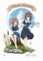 Rule 34 | 2girls, absurdres, artist name, barefoot, black neckerchief, blue dress, blue sky, brown eyes, brown hair, cattail, closed mouth, cloud, cloudy sky, collared dress, commentary, day, dress, english text, fish, fishing, fishing net, fishing rod, girls und panzer, highres, holding, holding fishing rod, ishigoromo, medium dress, multiple girls, neckerchief, nishizumi maho, nishizumi miho, open mouth, outdoors, plant, sailor collar, short hair, short sleeves, siblings, signature, sisters, sitting, sky, smile, standing, stream, wing collar