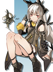 Rule 34 | arknights, bare shoulders, black footwear, black gloves, black panties, blue background, boots, breasts, closed mouth, detached sleeves, gloves, grey hair, hand up, harukan tiusu, highres, knees together feet apart, knees up, leaf (arknights), long sleeves, looking at viewer, panties, puffy long sleeves, puffy sleeves, red eyes, short eyebrows, signature, skirt, sleeves past wrists, small breasts, thick eyebrows, two-tone background, underwear, weedy (arknights), white background, white skirt