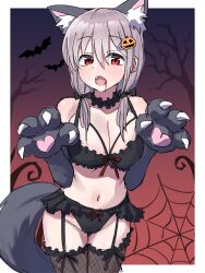 Rule 34 | 1girl, animal ears, animal hands, bare tree, bat (animal), black bra, black choker, black gloves, black panties, black thighhighs, blood, blood from mouth, bow, bow bra, bow panties, bra, breasts, choker, claw pose, cleavage, commentary, cowboy shot, fangs, fishnet thighhighs, fishnets, frilled bra, frilled choker, frilled panties, frilled thighhighs, frills, garter straps, gloves, grey hair, hair ornament, hairclip, halloween, halloween costume, highres, jack-o&#039;-lantern, jack-o&#039;-lantern hair ornament, large breasts, lingerie, looking at viewer, low twintails, medium hair, mori ayumi, open mouth, oribe arata, original, panties, paw gloves, red eyes, silk, solo, spider web, standing, tail, thighhighs, tree, twintails, underwear, underwear only, wolf ears, wolf tail