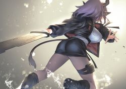 Rule 34 | 1girl, animal ears, arknights, ass, black footwear, black jacket, black skirt, blue shirt, boots, breast pocket, breasts, cow ears, cow horns, cow tail, from behind, grey pantyhose, highres, holding, holding sword, holding weapon, horns, itaco, jacket, large breasts, leather skirt, long sleeves, open clothes, open jacket, pantyhose, pencil skirt, pocket, pouch, purple hair, shirt, short hair, sideroca (arknights), skirt, solo, sword, tail, thigh pouch, water, weapon