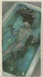 Rule 34 | 1girl, bathtub, black hair, commentary, dated commentary, from above, highres, long hair, nude, original, solo, submerged, ttt nitizyo, underwater