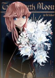 Rule 34 | 1girl, belt, black belt, black cape, black jacket, blue background, blue eyes, border, bouquet, brown hair, buttons, cape, cover, double-breasted, epiphyllum, fake cover, flower, hair between eyes, hair flaps, highres, holding, holding bouquet, jacket, long hair, magazine cover, mamakirasnc, original, parted lips, sideways glance, solo, upper body, white flower