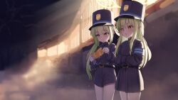 Rule 34 | 2girls, absurdres, black hat, black jacket, black shorts, black skirt, blue archive, blush, buttons, closed mouth, cowboy shot, double-breasted, green hair, green halo, halo, hat, hikari (blue archive), nozomi (blue archive), highres, jacket, long hair, long sleeves, multiple girls, open mouth, pantyhose, peaked cap, pleated skirt, pointy ears, raviolimavioli, shorts, sidelocks, skirt, smile, twintails, white pantyhose, yellow eyes