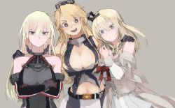 Rule 34 | 10s, 3girls, bad id, bad pixiv id, belt, bismarck (kancolle), blonde hair, blue eyes, braid, breast envy, breasts, cleavage, crossed arms, crown, dress, elbow gloves, french braid, front-tie top, girl sandwich, gloves, hageshii nakano, hairband, hand on another&#039;s shoulder, iowa (kancolle), jewelry, kantai collection, large breasts, long hair, long sleeves, mini crown, miniskirt, multiple girls, necklace, no headwear, no headwear, sandwiched, skirt, star-shaped pupils, star (symbol), symbol-shaped pupils, warspite (kancolle)