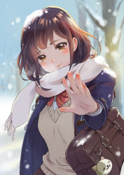 Rule 34 | 1girl, bag, bag charm, bare tree, blue coat, blue sky, blurry, blurry background, blush, bow, brown eyes, brown hair, charm (object), coat, handbag, highres, looking at viewer, medium hair, original, outdoors, red bow, scarf, school uniform, sky, snow, snow on head, solo, standing, sweater vest, tree, white scarf