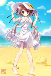 Rule 34 | 1girl, animal ears, anklet, bad id, bad pixiv id, barefoot, beach, bell, brown eyes, brown hair, cat ears, cat tail, cloud, day, dress, flower, full body, hair ribbon, hand on headwear, hat, jewelry, long hair, nanaroba hana, original, outdoors, pigeon-toed, ribbon, sky, smile, solo, summer, sun, sun hat, sundress, sunflower, tail, twintails, water