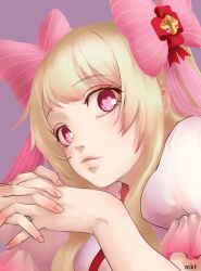 Rule 34 | 1girl, blonde hair, chaos marie (grimms notes), cleavage cutout, clothing cutout, gradient hair, grimms notes, hair ribbon, heart, heart-shaped pupils, highres, interlocked fingers, long hair, looking at viewer, makotoonxx, multicolored hair, pink eyes, pink ribbon, puffy short sleeves, puffy sleeves, purple background, ribbon, short sleeves, simple background, solo, symbol-shaped pupils, upper body