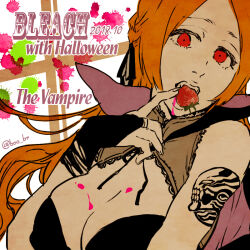 Rule 34 | 1girl, black ribbon, bleach, boo br, breasts, bridal gauntlets, cleavage, copyright name, english text, fangs, food, fruit, hair ribbon, halloween, inoue orihime, large breasts, lips, long hair, looking at viewer, orange hair, red eyes, ribbon, solo, strawberry, tattoo, upper body, vampire