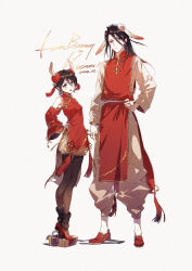Rule 34 | 1boy, 1girl, animal ears, baggy pants, bare shoulders, black hair, bleach, box, breasts, brother and sister, bun cover, china dress, chinese clothes, closed mouth, dress, full body, gift, gift box, hair between eyes, hand on own hip, happy birthday, height difference, high heels, highres, kieta, kuchiki byakuya, kuchiki rukia, long hair, long sleeves, open mouth, pants, rabbit ears, short hair, siblings, small breasts, smile, standing