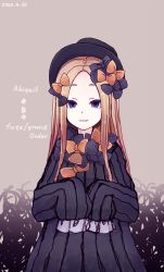 Rule 34 | 1girl, 2020, abigail williams (fate), black dress, black hat, blonde hair, blue eyes, bow, character name, copyright name, dated, dress, fate/grand order, fate (series), hachikuji, hair bow, hat, highres, long hair, multiple hair bows, orange bow, polka dot, polka dot bow, purple bow, ribbed dress, sleeves past fingers, sleeves past wrists, smile, solo, straight hair