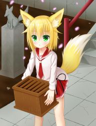 Rule 34 | 1girl, :t, absurdres, animal ears, bad id, bad pixiv id, black ribbon, blonde hair, box, character request, closed mouth, commentary request, crack, day, donation box, fox ears, fox girl, fox tail, green eyes, hair between eyes, hakuto momiji, hidan no aria, highres, holding, holding box, long hair, long sleeves, looking at viewer, necktie, outdoors, petals, pleated skirt, pout, railing, red necktie, red skirt, ribbon, school uniform, serafuku, shirt, skirt, solo, stairs, standing, statue, stone stairs, tail, white shirt