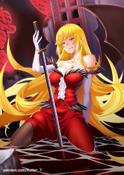 Rule 34 | 1girl, arm support, bakemonogatari, bare shoulders, bat wings, black pantyhose, black ribbon, black wings, blonde hair, blood, blood on breasts, breasts, butter-t, cleavage, collarbone, dress, elbow gloves, feather-trimmed gloves, feather trim, female focus, gloves, holding, holding sword, holding weapon, katana, kiss-shot acerola-orion heart-under-blade, large breasts, long hair, looking at viewer, matching hair/eyes, monogatari (series), oshino shinobu, pantyhose, partially submerged, patreon username, pointy ears, red dress, ribbon, sidelocks, solo, strapless, strapless dress, sword, vampire, very long hair, water, watermark, weapon, web address, white gloves, wings, yellow eyes