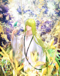 Rule 34 | 1boy, bird, bird on hand, closed mouth, colorful, commentary request, enkidu (fate), fate/grand order, fate (series), flower, green hair, hand up, highres, long hair, long sleeves, male focus, md5 mismatch, nature, resolution mismatch, robe, shutsuri, smile, solo, source smaller, standing, very long hair, white robe, wide sleeves, yellow eyes