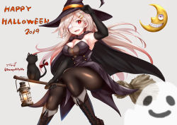 Rule 34 | 1girl, alternate costume, arm up, armpits, artist name, baileys (tranquillity650), bandages, black cape, black cat, black gloves, blonde hair, boots, breasts, broom, broom riding, cape, cat, cleavage, commentary request, crescent, dress, elbow gloves, eyepatch, gloves, hair ornament, hairclip, halloween, hat, highres, kantai collection, lantern, large breasts, open mouth, pantyhose, red eyes, signature, simple background, smile, solo, strapless, strapless dress, swept bangs, white background, witch hat, yuudachi (kancolle), yuudachi kai ni (kancolle)
