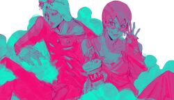 Rule 34 | 1boy, 1girl, clothing cutout, cloud, cup, czyw, disposable cup, drinking straw, eyewear on head, foo fighters (jojo), fur hat, hat, highres, jojo no kimyou na bouken, limited palette, multiple boys, overalls, short hair, sitting, stone ocean, sunglasses, weather report