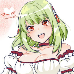 Rule 34 | 1girl, :d, artist name, bad id, bad pixiv id, bare shoulders, blush, breasts, character name, cleavage, green hair, lowres, marl (sennen sensou aigis), miniru, open mouth, red eyes, sennen sensou aigis, short hair, smile, solo, upper body, white background