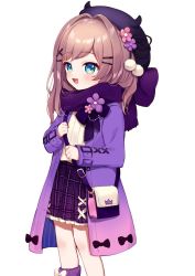 Rule 34 | 1girl, :d, aged down, bad id, bad twitter id, bag, beret, blue eyes, blush, brown hair, coat, commentary request, fake horns, feet out of frame, flower, fringe trim, hair flower, hair ornament, hairclip, hat, horned headwear, horns, long sleeves, looking at viewer, nijisanji, open clothes, open coat, open mouth, pink flower, plaid, plaid skirt, pleated skirt, purple coat, purple flower, purple hat, purple scarf, purple skirt, purple socks, ribbed legwear, ribbed shirt, scarf, shirt, shoulder bag, simple background, single sock, skirt, sleeves past wrists, smile, socks, solo, standing, suzuhara lulu, suzuhara lulu (4th costume), virtual youtuber, white background, white shirt, x hair ornament, yamabukiiro