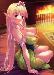 Rule 34 | 1girl, absurdres, armlet, bed, blonde hair, breasts, collarbone, crown, dress, elf, fence, fireplace, green dress, green eyes, highres, jewelry, large breasts, long hair, looking at viewer, lots of jewelry, necklace, nipple slip, nipples, pointy ears, shinonome kazuhiko, sitting, tareme