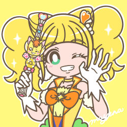 Rule 34 | 1girl, ;d, blonde hair, blunt bangs, blush, bright pupils, brooch, choker, cure sparkle, earrings, eyelashes, gloves, green eyes, grin, hair bun, hair ornament, healin&#039; good precure, healing wand, heart, heart hair ornament, heart wand, highres, hiramitsu hinata, jewelry, long hair, looking at viewer, magical girl, mayena, one eye closed, open mouth, outline, pom pom (clothes), pom pom earrings, precure, signature, simple background, smile, solo, star brooch, twintails, upper body, white gloves, white outline, yellow background, yellow choker