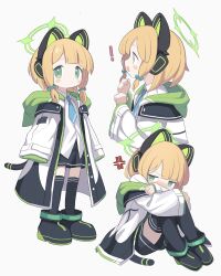 Rule 34 | !, 1girl, absurdres, anger vein, angry, animal ear headphones, animal ears, animal hood, atat250, black coat, black footwear, black shorts, black thighhighs, blonde hair, blue archive, blue necktie, blush, blush stickers, boots, cat ear headphones, cat hood, cat tail, closed mouth, coat, collared shirt, cropped torso, dot mouth, dress shirt, embarrassed, fake animal ears, fake tail, full body, furrowed brow, green coat, green eyes, grey background, halo, headphones, highres, hood, hood down, hooded coat, hugging own legs, knees up, looking at viewer, low-tied sidelocks, midori (blue archive), multicolored coat, multiple views, necktie, nose blush, open clothes, open coat, open mouth, shirt, short hair, shorts, sidelocks, simple background, sitting, sleeves past fingers, sleeves past wrists, smile, tail, thighhighs, white coat, white shirt