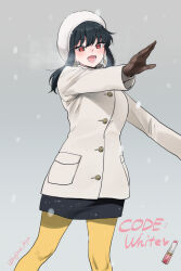 1girl :d black_hair black_skirt breath brown_mittens buttons coat commentary_request earrings grey_background hairband hat highres jewelry kiya_hajime lipstick makeup mittens open_mouth pantyhose pencil_skirt pocket red_eyes simple_background skirt smile solo spy_x_family white_coat white_hat yellow_pantyhose yor_briar