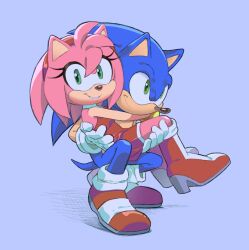 Rule 34 | 1boy, 1girl, amy rose, animal ears, blue fur, boots, carrying, dress, furry, furry female, furry male, gloves, green eyes, grey background, highres, pink fur, princess carry, red dress, red footwear, shira-hedgie, shoes, simple background, sleeveless, sleeveless dress, sonic (series), sonic the hedgehog, squatting, tail, two-tone footwear, white footwear, white gloves