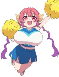 Rule 34 | 1girl, :d, black skirt, blue footwear, blush, breasts, cheerleader, curled horns, dot nose, full body, gradient hair, hands up, highres, holding, holding pom poms, horns, huge breasts, ilulu (maidragon), jumping, kobayashi-san chi no maidragon, looking at viewer, miniskirt, multicolored hair, navel, open mouth, osame, pink hair, pom pom (cheerleading), pom poms, purple hair, red eyes, sharp teeth, shirt, shoes, shortstack, simple background, skirt, slit pupils, smile, solo, teeth, twintails, white background