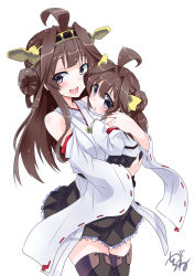 Rule 34 | 10s, 1girl, aged down, ahoge, bare shoulders, blue eyes, blush, breasts, brown hair, carrying, chestnut mouth, cleavage, collarbone, detached sleeves, double bun, dual persona, eyebrows, hair between eyes, hair bun, hairband, highres, japanese clothes, kantai collection, kongou (kancolle), long hair, looking at viewer, miniskirt, nontraditional miko, open mouth, shirogane (cufsser), signature, simple background, skirt, tareme, thighhighs, white background, wide sleeves, zettai ryouiki