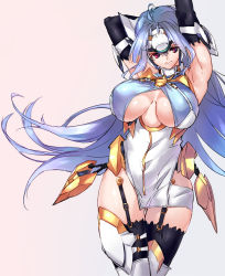 Rule 34 | 00s, 1girl, android, arm behind back, armlet, armpits, arms up, black gloves, black thighhighs, blue hair, boots, breasts, choker, cleavage cutout, clothing cutout, curvy, elbow gloves, female focus, garter straps, gloves, grey background, headgear, highres, kos-mos, kos-mos ver. 4, large breasts, long hair, negresco, red eyes, simple background, smile, solo, standing, thigh boots, thigh gap, thighhighs, underboob, very long hair, xenosaga, xenosaga episode iii