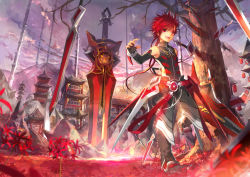 Rule 34 | 1boy, architecture, cloud, cloudy sky, day, east asian architecture, elbow gloves, elsword, elsword (character), fingerless gloves, float, floating hair, flower, gloves, highres, leg up, long hair, male focus, outdoors, ponytail, red eyes, red flower, red hair, rune slayer (elsword), scorpion5050, sky, sleeveless, solo, sword, tree, weapon