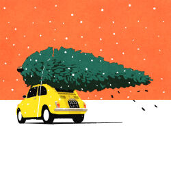 Rule 34 | car, christmas, christmas tree, fiat, fiat 500, highres, horizon, iida kento, license plate, motor vehicle, no humans, orange sky, original, outdoors, sky, snow, snowing, tree, yellow car