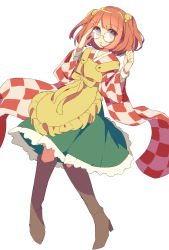 Rule 34 | 1girl, :o, adjusting eyewear, apron, bell, boots, bow, breasts, brown footwear, busujima (kusahana), checkered clothes, checkered kimono, commentary request, frilled skirt, frills, green skirt, hair bell, hair ornament, hand on eyewear, high heel boots, high heels, highres, japanese clothes, jingle bell, kimono, long sleeves, looking at viewer, motoori kosuzu, one-hour drawing challenge, orange eyes, orange hair, red eyes, red hair, red kimono, round eyewear, shirt, short hair, simple background, sketch, skirt, solo, touhou, two side up, waist bow, white background, white kimono, white shirt, wide sleeves, yellow apron, yellow bow
