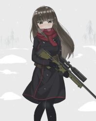 Rule 34 | 1girl, absurdres, aged down, black coat, black gloves, black hair, black pantyhose, breath, brown eyes, closed mouth, coat, frown, girls und panzer, gloves, gun, half-closed eyes, highres, holding, holding gun, holding weapon, long hair, long sleeves, looking at viewer, moozak, nishizumi shiho, outdoors, pantyhose, red scarf, rifle, scarf, scope, sniper rifle, solo, standing, straight hair, weapon, winter