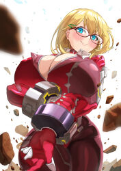 Rule 34 | 1girl, aged up, blush, bodysuit, bracer, breasts, cleavage, closed mouth, commentary request, contrapposto, cowboy shot, glasses, gloves, hair ornament, hairclip, highres, hizakake, huge breasts, looking at viewer, red-framed eyewear, red bodysuit, red gloves, rubble, shinohara mari, smile, solo, standing, taimanin (series), taimanin rpgx, taimanin suit, white background