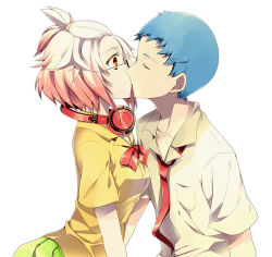 Rule 34 | 1boy, 1girl, alternate hairstyle, bad id, bad pixiv id, bespectacled, blue hair, borrowed clothes, brown eyes, couple, unworn eyewear, eyewear switch, glasses, headphones, hetero, hubert ozwell, kiss, multicolored hair, necktie, official alternate costume, ootani mikoto, pascal (tales), red hair, shirt, short hair, tales of (series), tales of graces, two-tone hair, white background, white hair